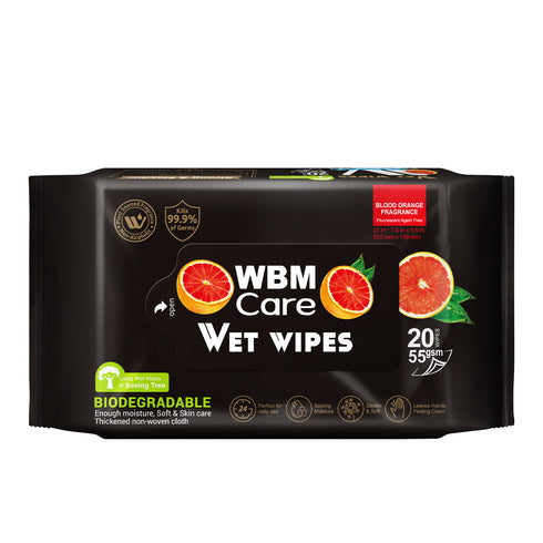 Wet Wipes, Blood Orange Scented, 20 Sheets | WBM CARE
